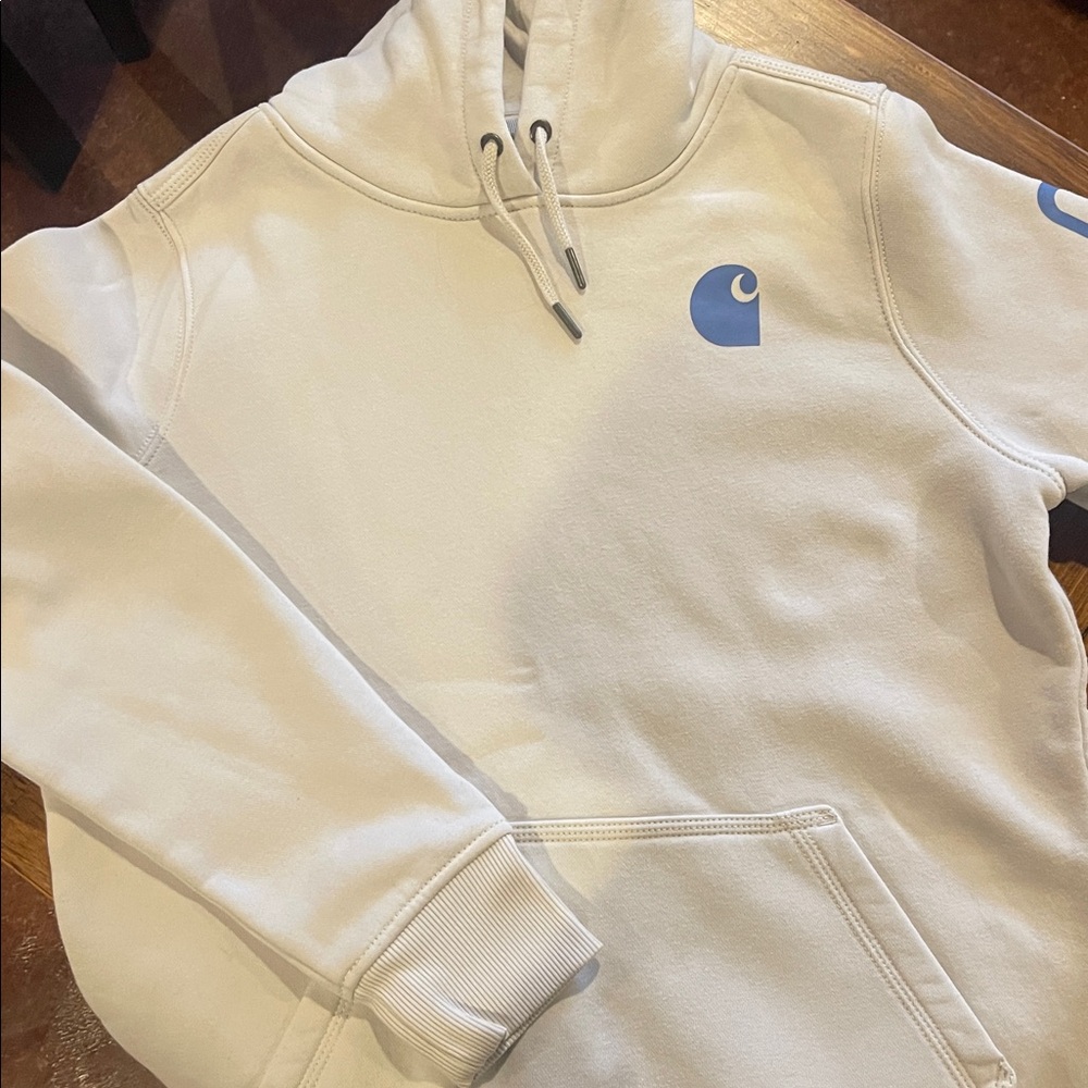 Carhartt Women's Hoodie Cream with Blue Logo - Picture 3 of 5